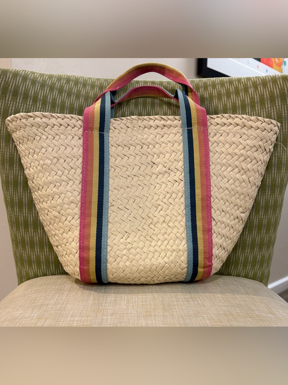 Panama Jack Straw Tote with Pink, Blue, Yellow & Green Striped Handles
